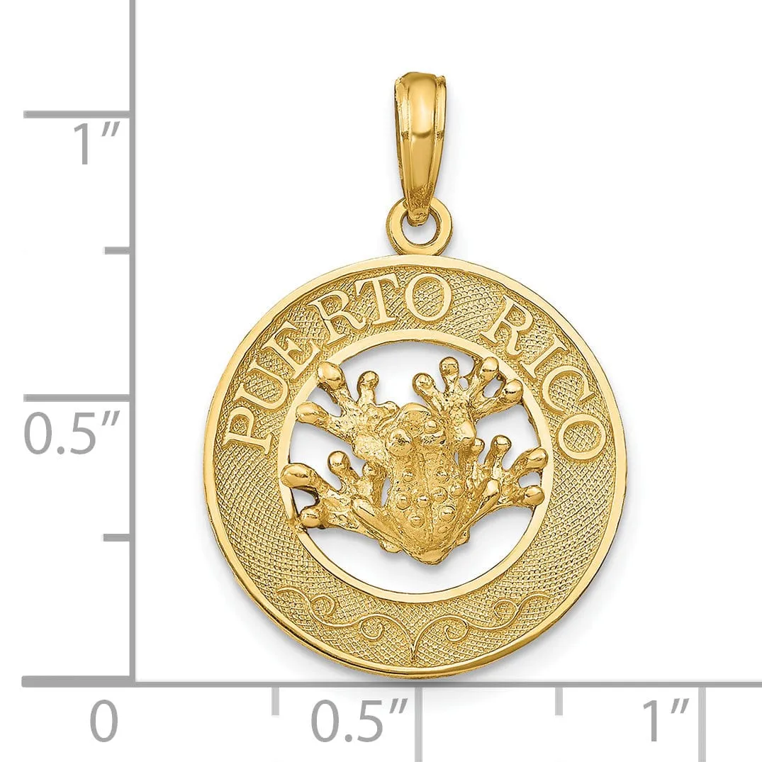 14k Yellow Gold PUERTO RICO with Frog in Circle Design Pendant