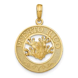 14k Yellow Gold PUERTO RICO with Frog in Circle Design Pendant