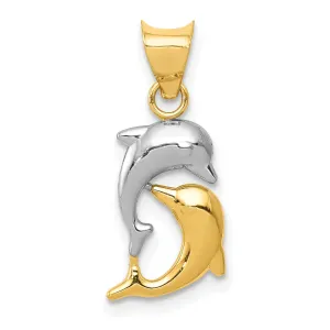 14K Yellow Gold White Rhodium Two Dolphins  Swimming Together Design Pendant