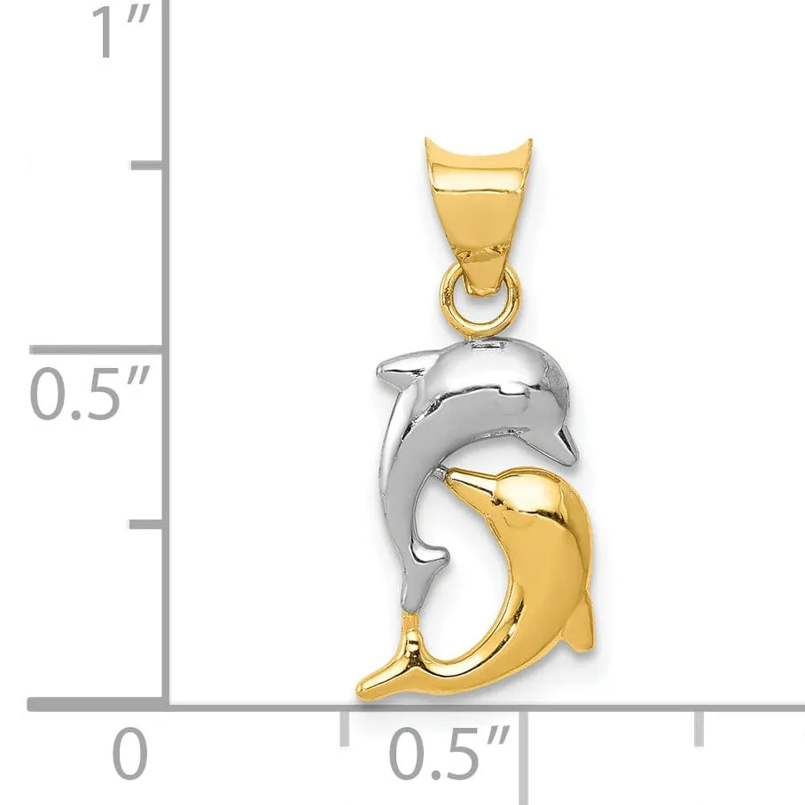 14K Yellow Gold White Rhodium Two Dolphins  Swimming Together Design Pendant