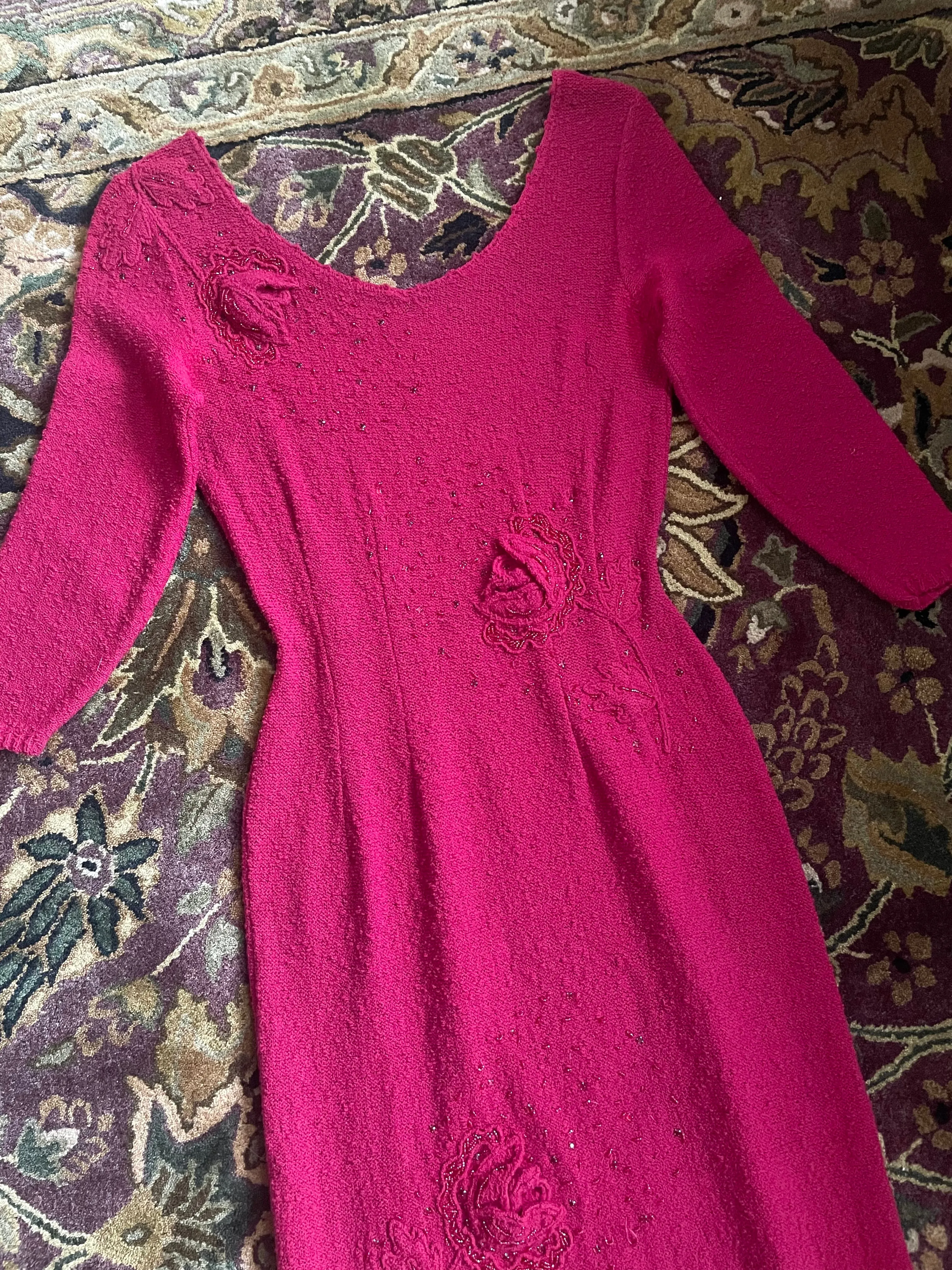 1940s Snyderknit Hand Loomed 3D Floral Knit Wiggle Dress