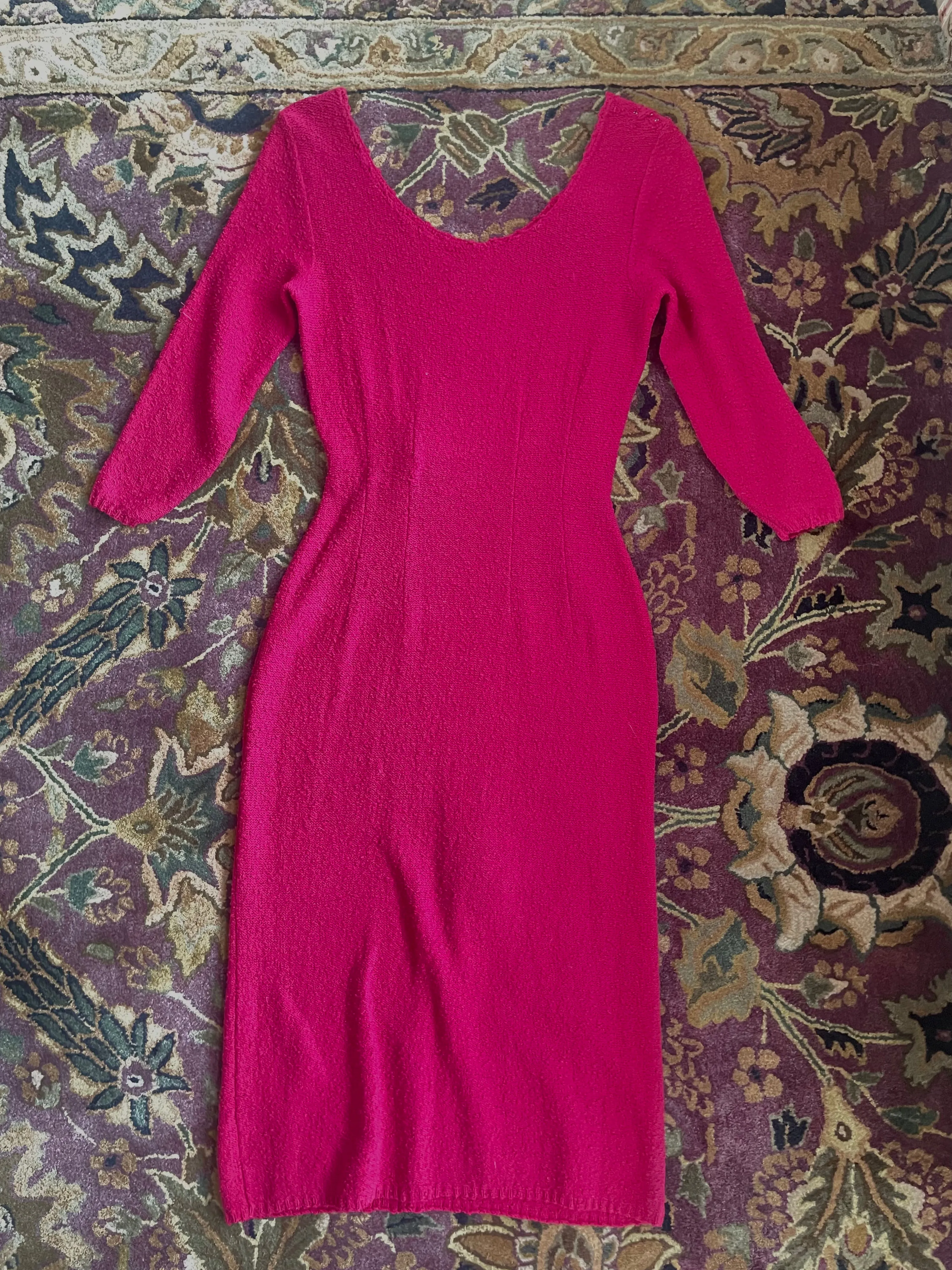 1940s Snyderknit Hand Loomed 3D Floral Knit Wiggle Dress