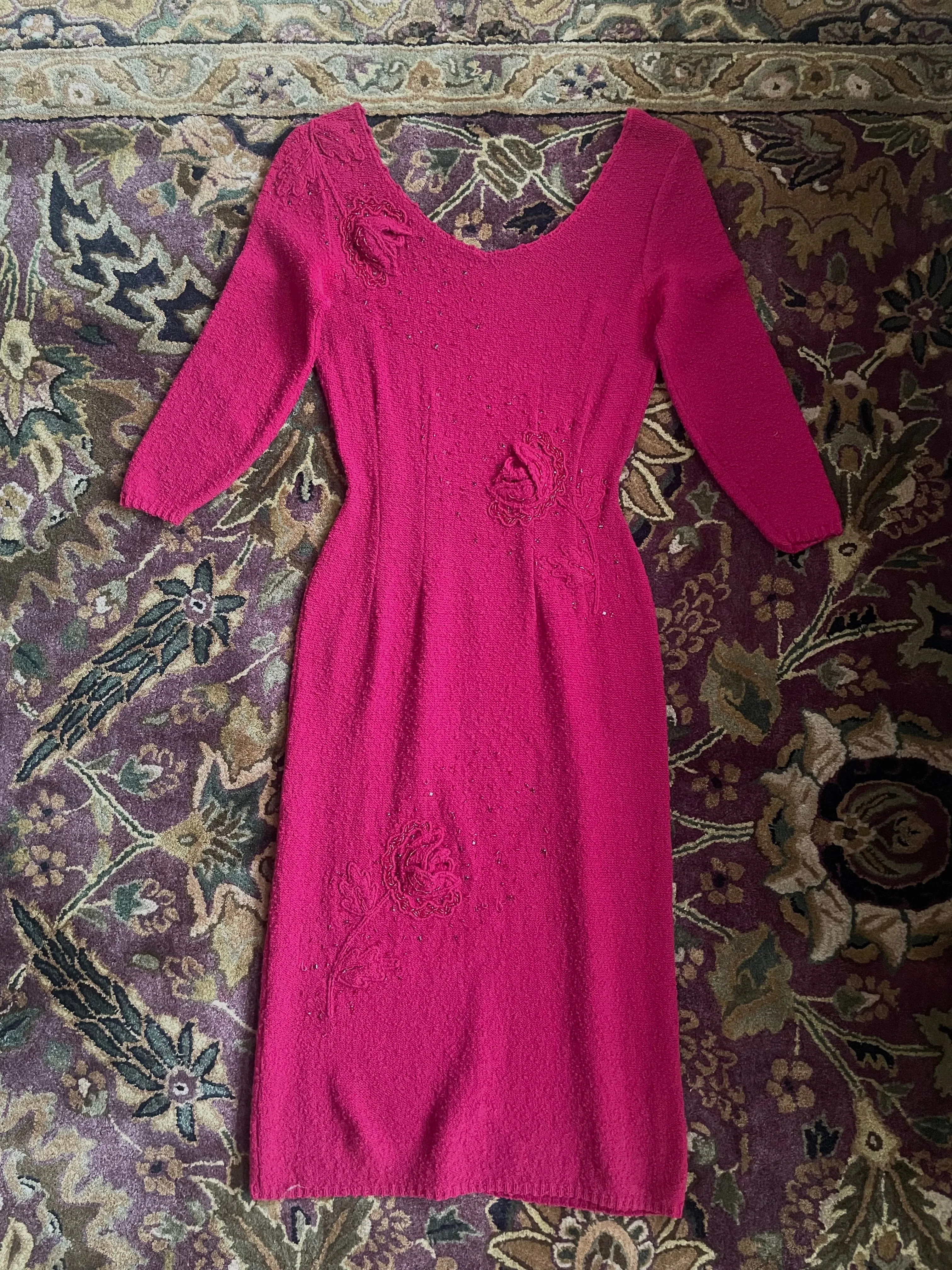 1940s Snyderknit Hand Loomed 3D Floral Knit Wiggle Dress