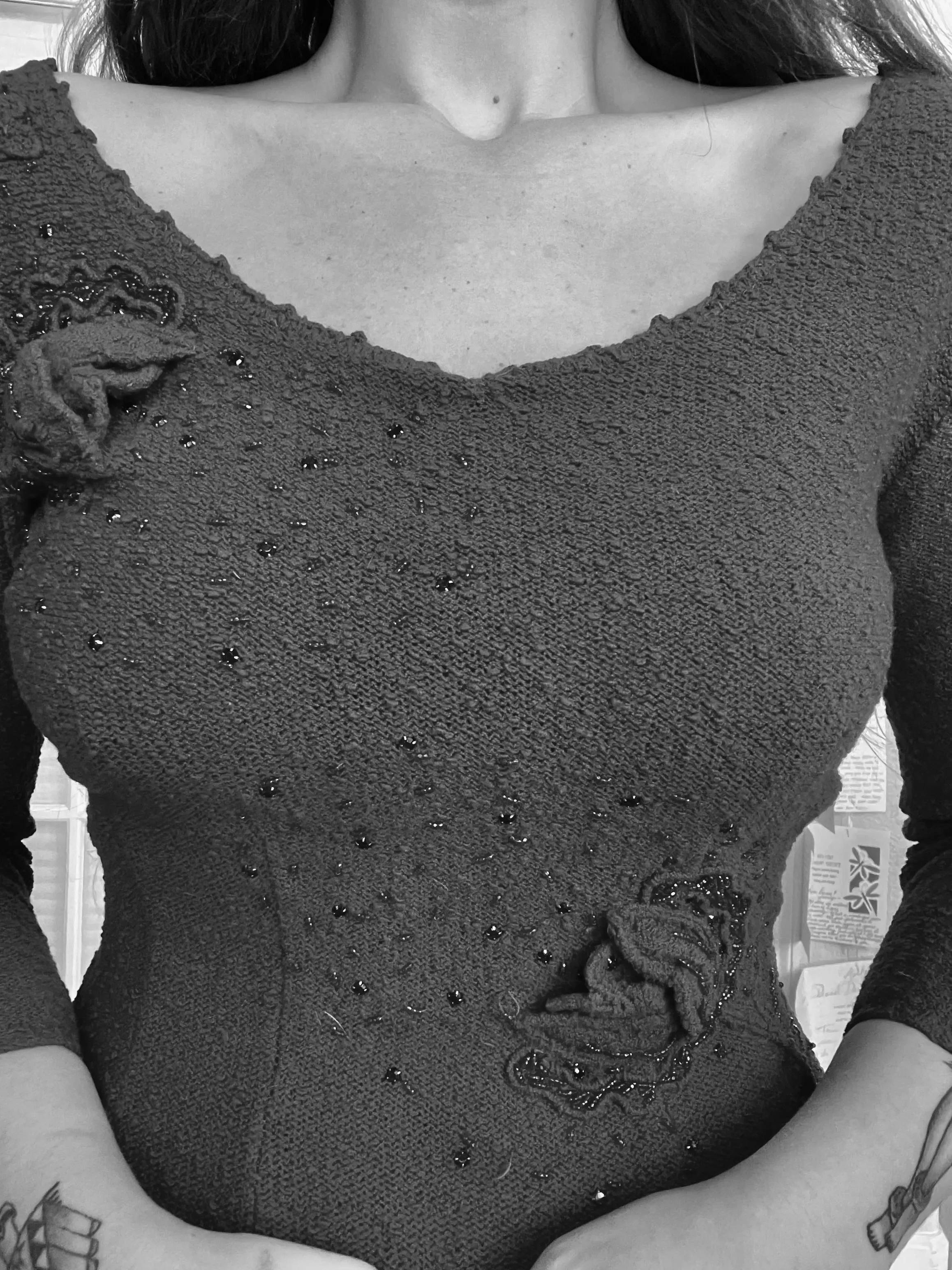 1940s Snyderknit Hand Loomed 3D Floral Knit Wiggle Dress