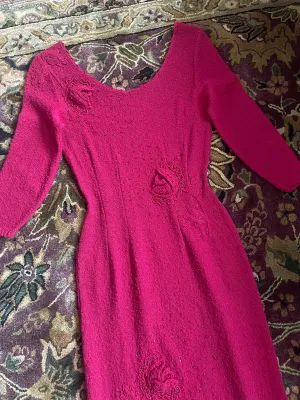 1940s Snyderknit Hand Loomed 3D Floral Knit Wiggle Dress