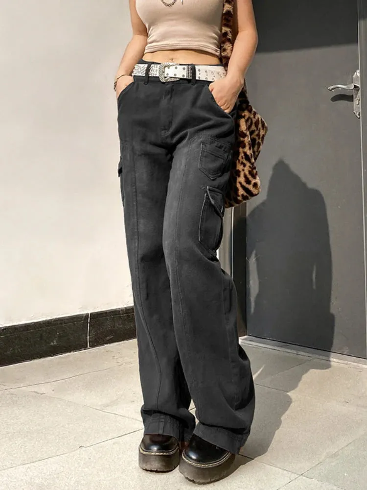 2025 Women's Cargo Jeans High Waist Baggy Dad Pants - Streetwear Straight Leg Casual Jeans with Irregular Pockets Free Shipping