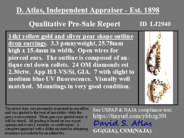 2.30ctw Old Mine Cut Diamond Pear Shaped Collet Drop Earrings