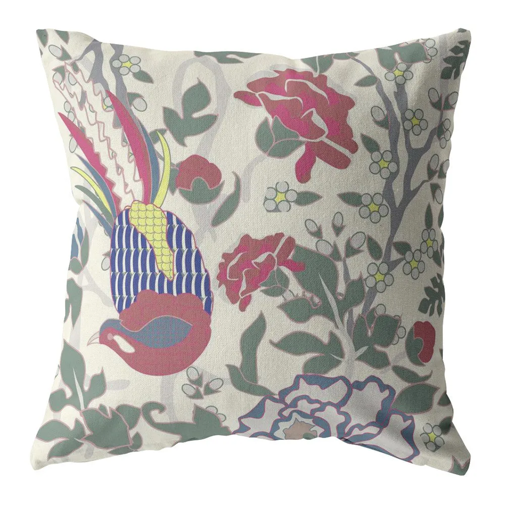 26” Pink Sage Peacock Indoor Outdoor Zippered Throw Pillow