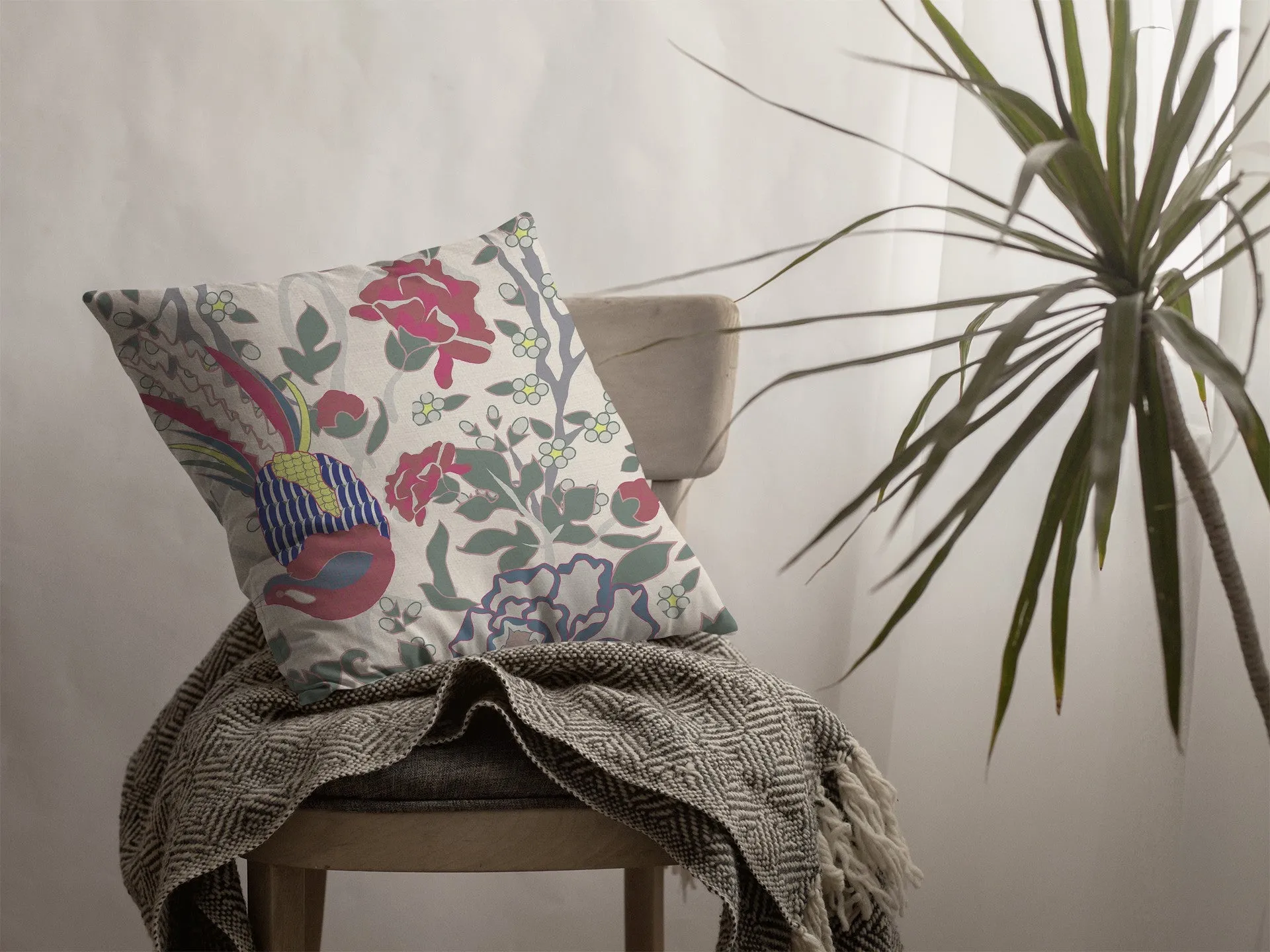 26” Pink Sage Peacock Indoor Outdoor Zippered Throw Pillow