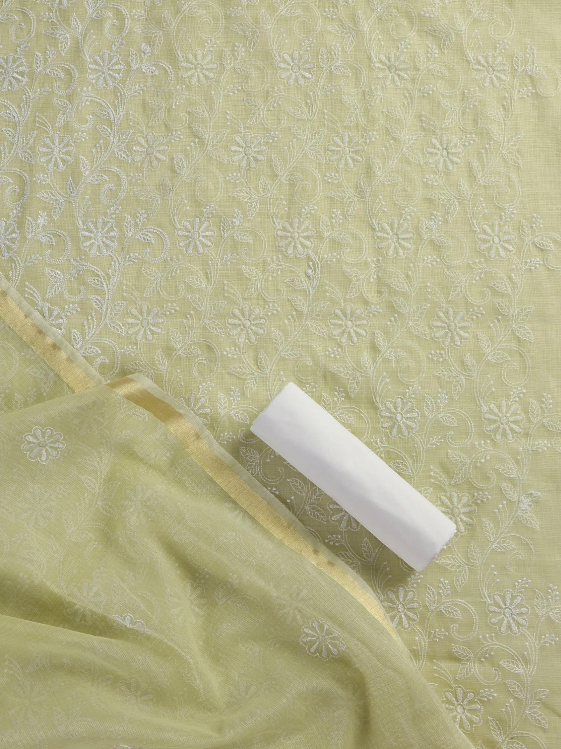 3 pc Unstitched SET -Sage Kota Doria Flower Embroidered Kurta with Dupatta and Cotton Pyjama