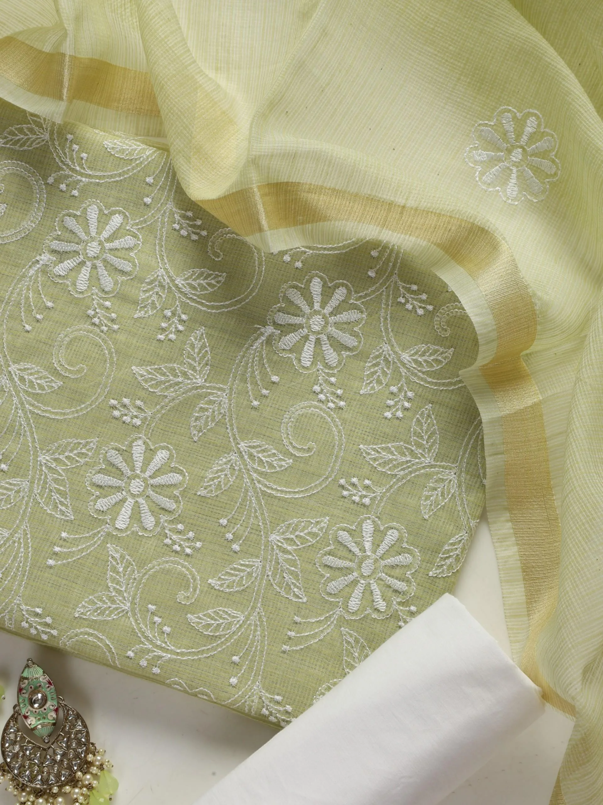 3 pc Unstitched SET -Sage Kota Doria Flower Embroidered Kurta with Dupatta and Cotton Pyjama