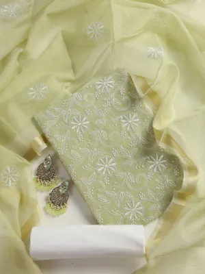 3 pc Unstitched SET -Sage Kota Doria Flower Embroidered Kurta with Dupatta and Cotton Pyjama