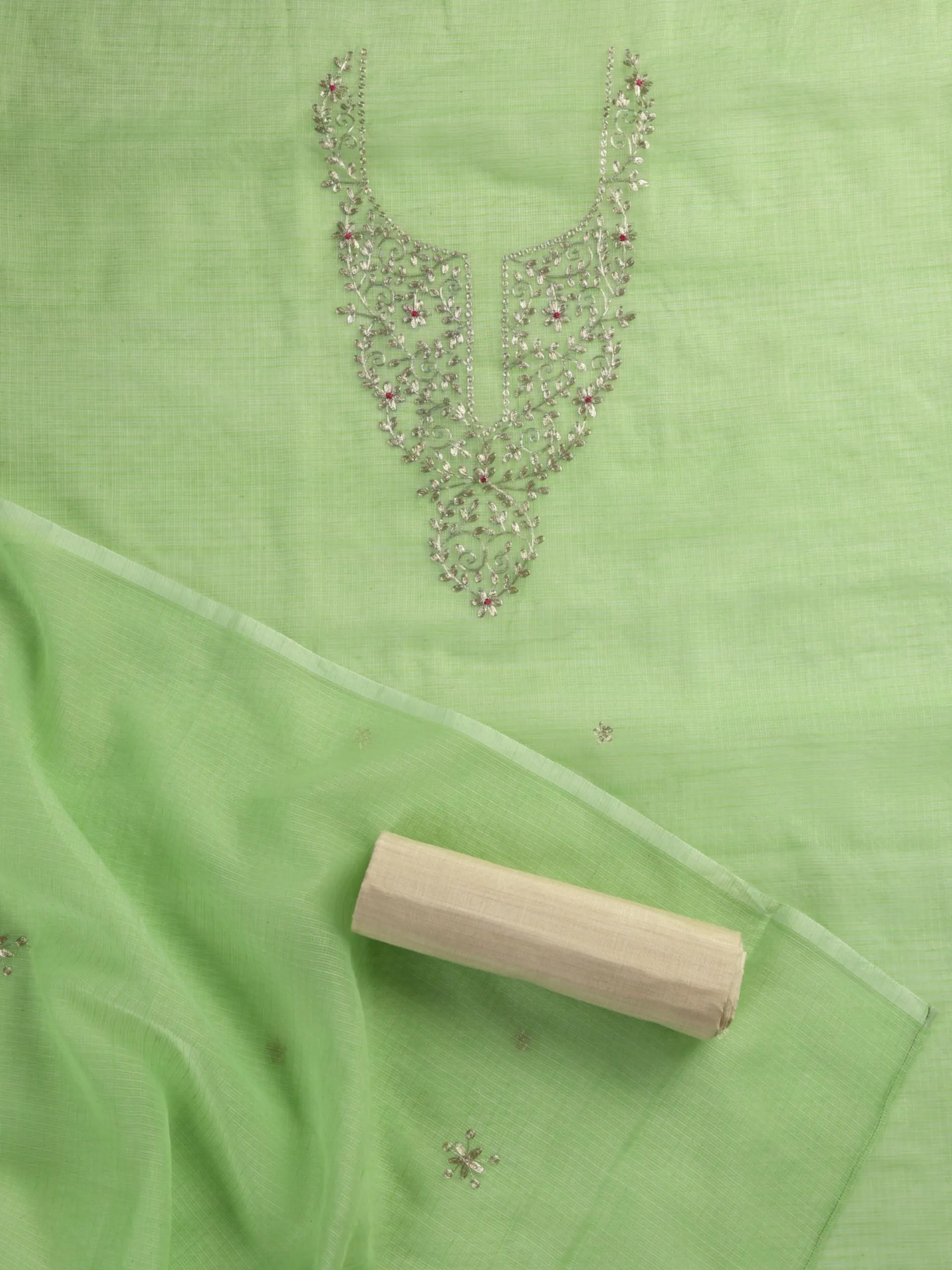 3 pc Unstitched Suit SET - Lime Green Kota Doria Peeta Embroidered Kurta with Dupatta and Pyjama