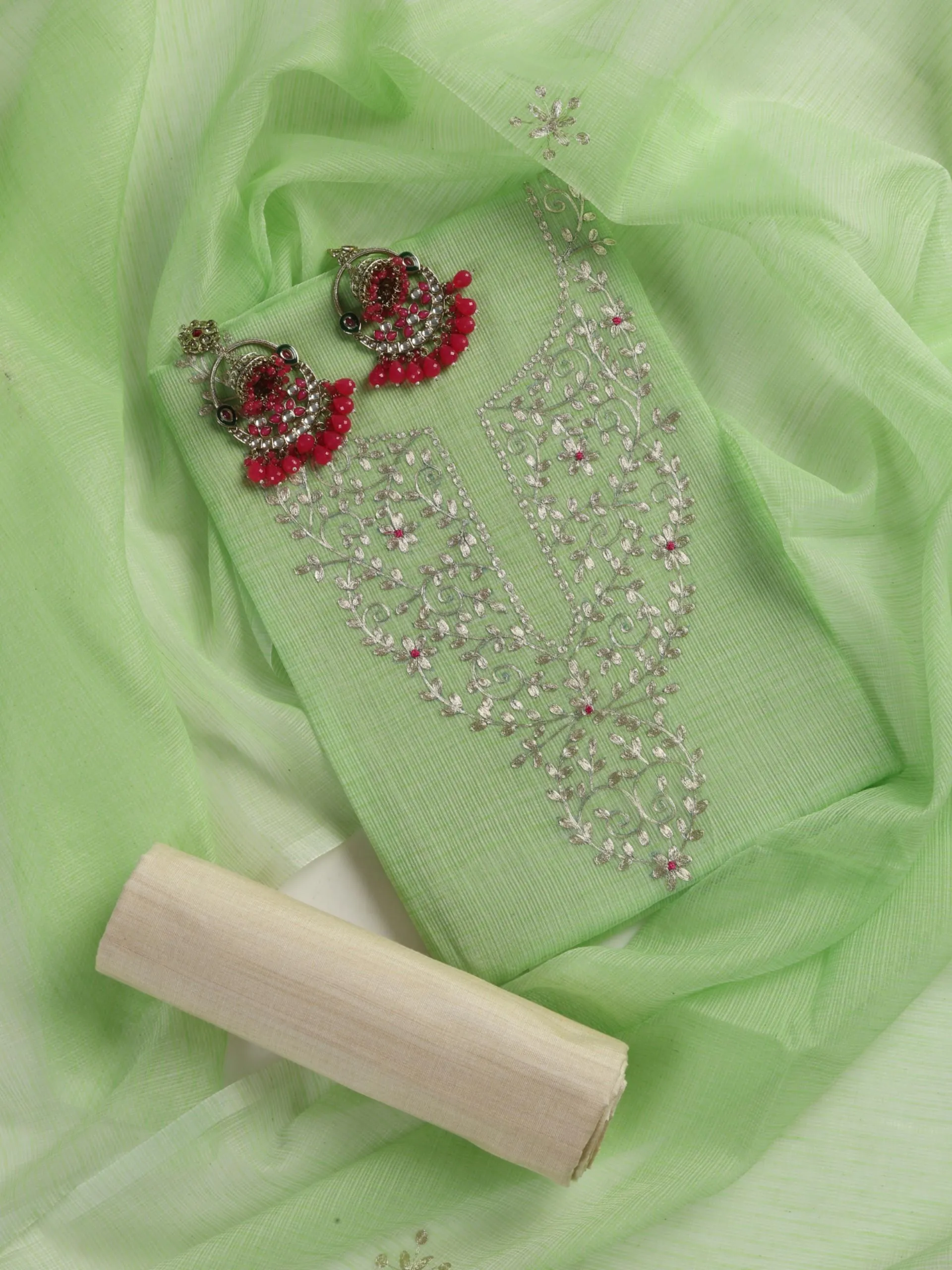 3 pc Unstitched Suit SET - Lime Green Kota Doria Peeta Embroidered Kurta with Dupatta and Pyjama