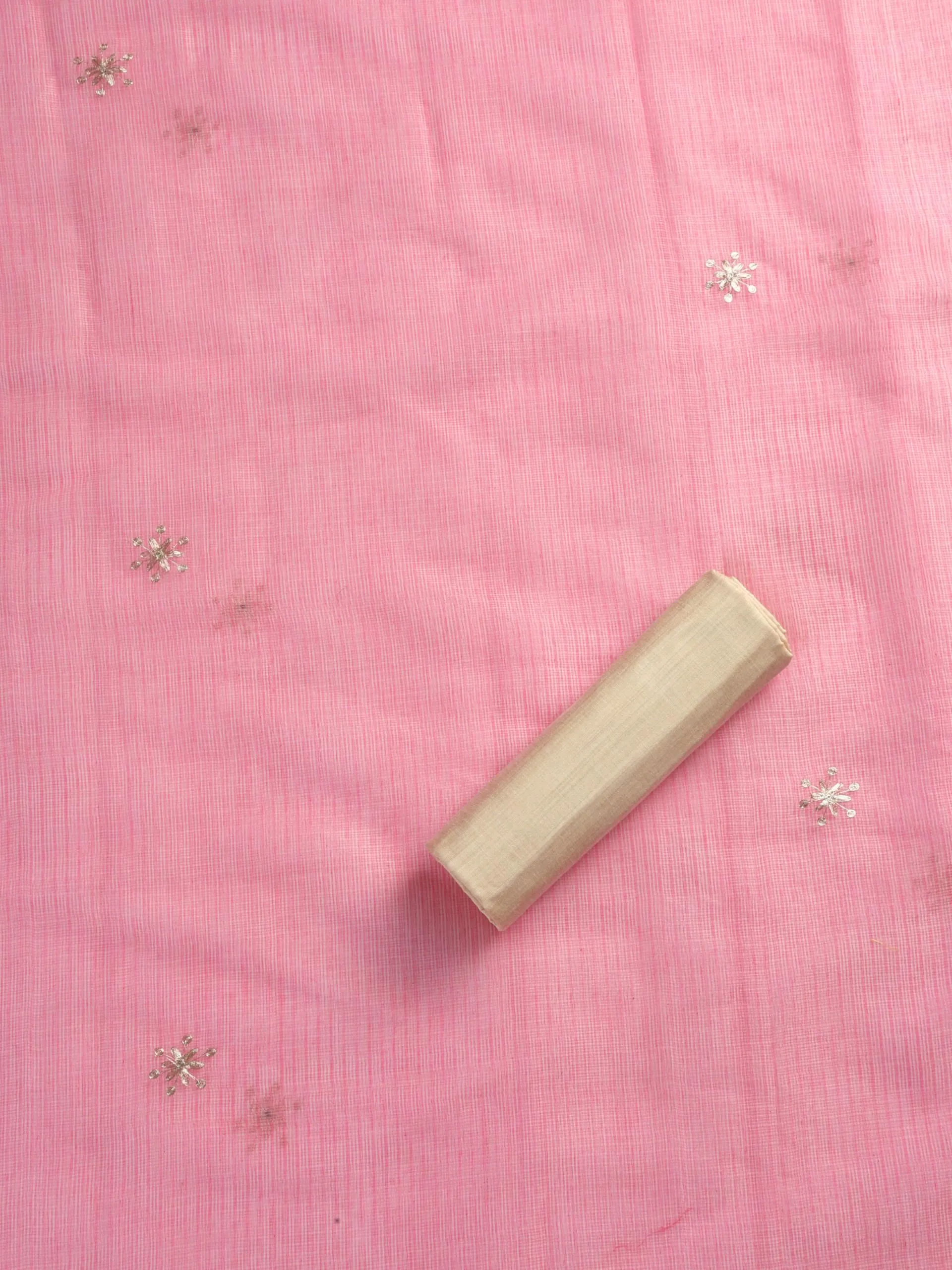 3 pc Unstitched Suit SET - Pink Kota Doria Peeta Embroidered Kurta with Dupatta and Pyjama