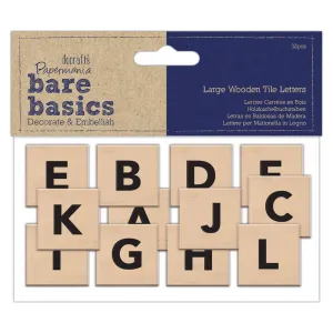 32 x Papermania Bare Basics Big Woooden Tiles Printed Alphabet Letters 40mmx40mm