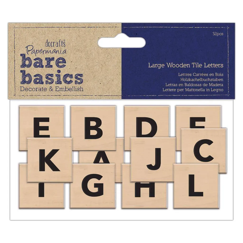 32 x Papermania Bare Basics Big Woooden Tiles Printed Alphabet Letters 40mmx40mm
