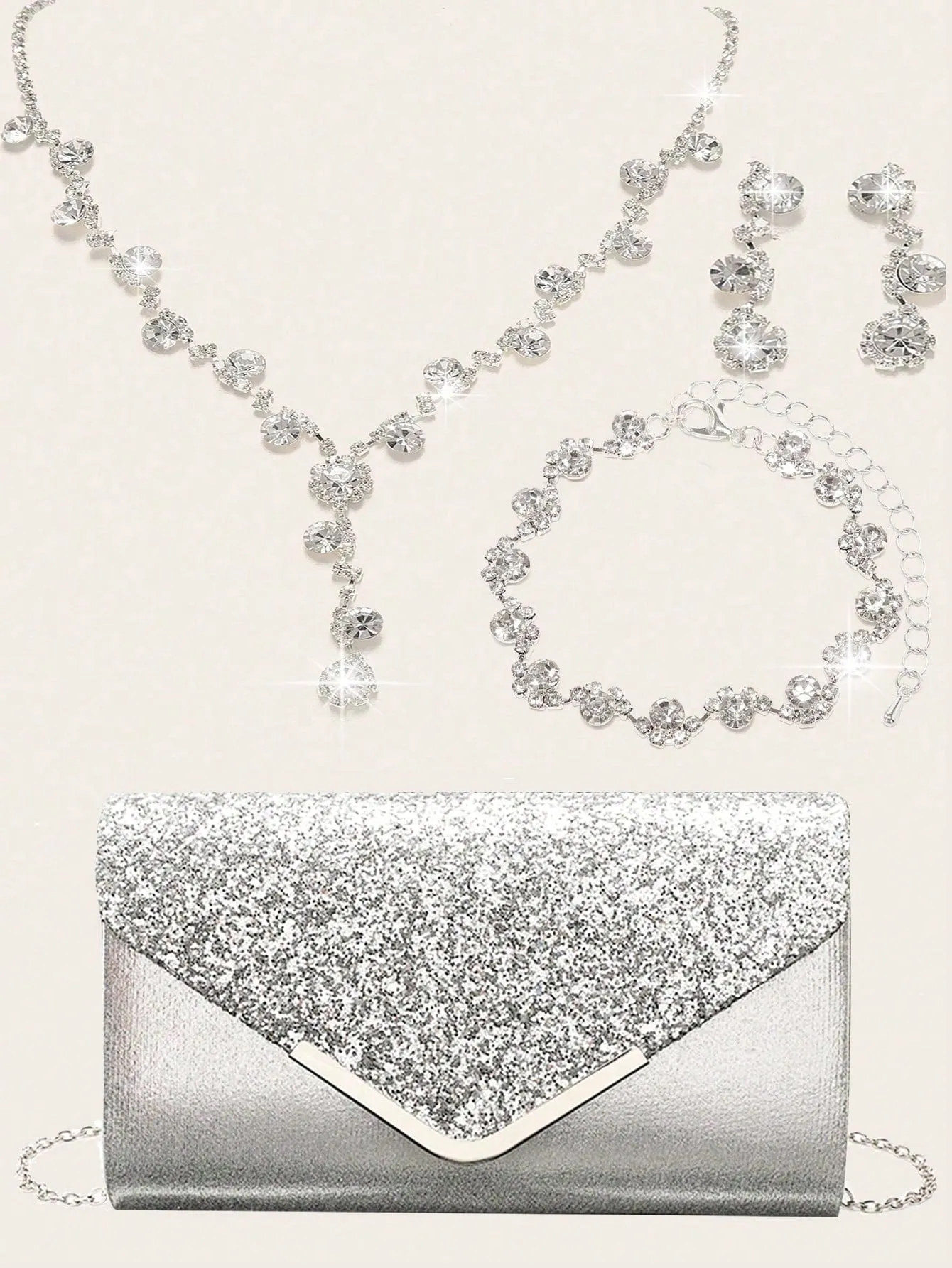 4 Pieces Women Rhinestone Evening Clutch Bag Rhinestone Ear Clip Bridal Wedding Choker Bracelet Dangle Bling Glitter Purse