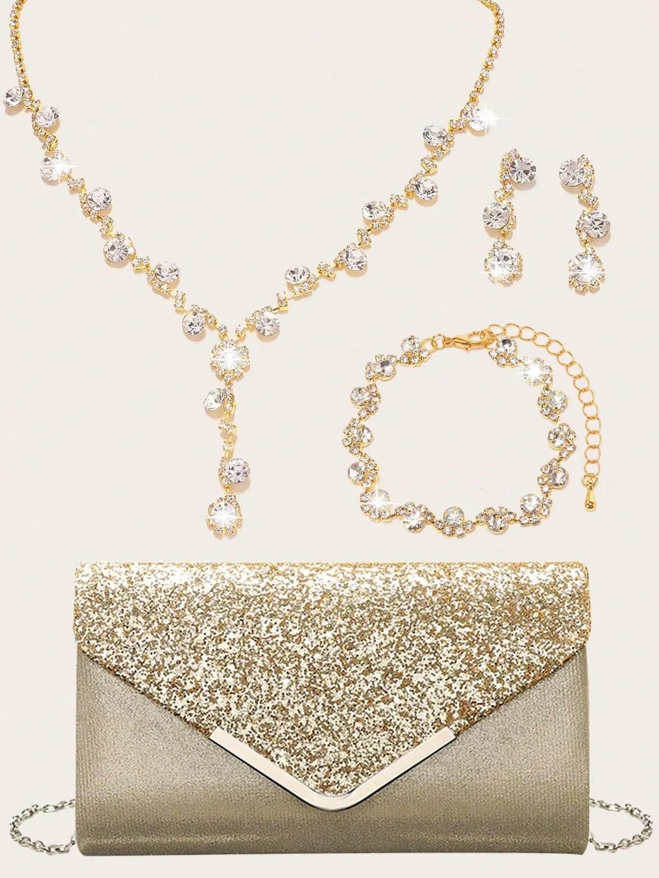 4 Pieces Women Rhinestone Evening Clutch Bag Rhinestone Ear Clip Bridal Wedding Choker Bracelet Dangle Bling Glitter Purse