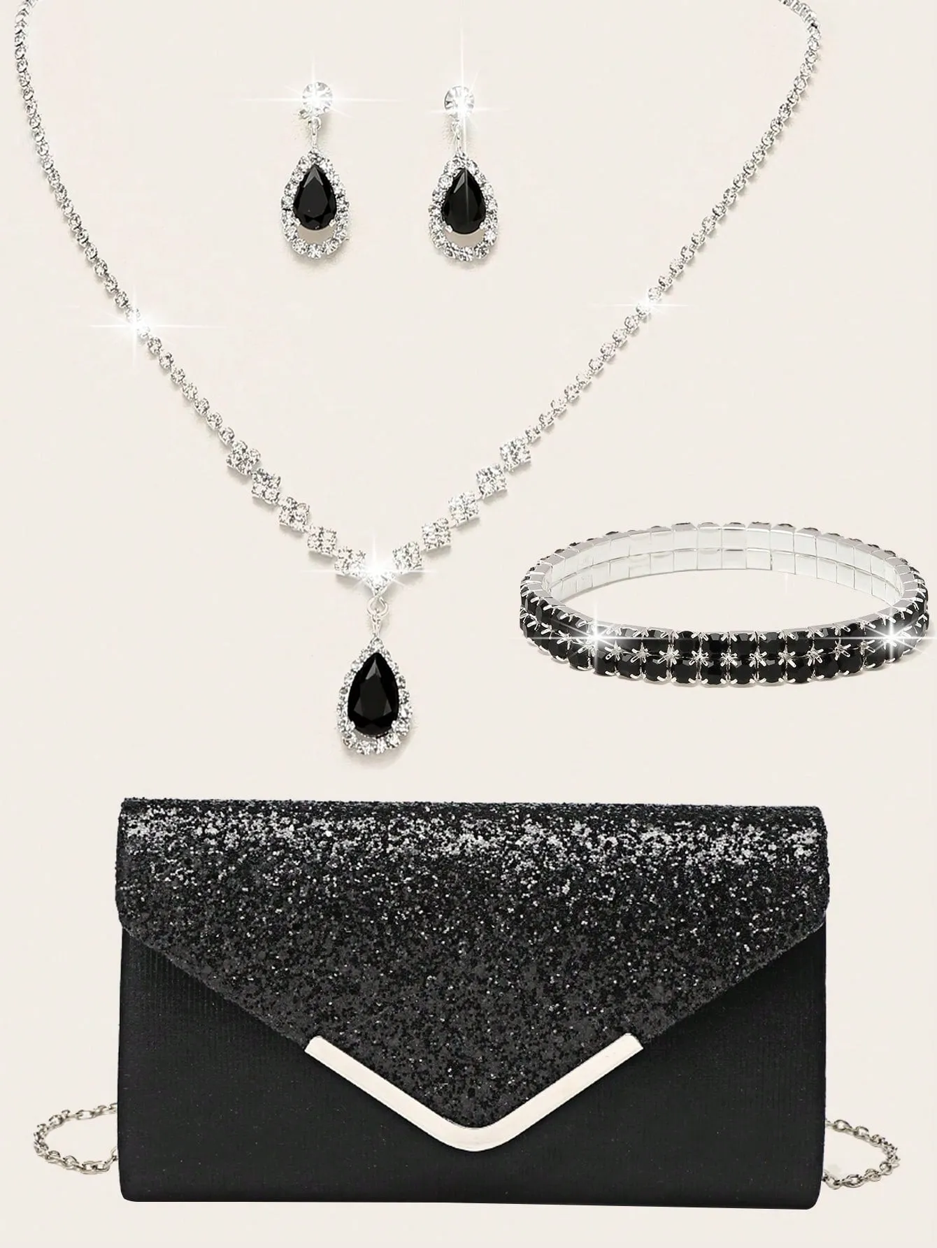 4 Pieces Women Rhinestone Evening Clutch Bag Rhinestone Ear Clip Bridal Wedding Choker Bracelet Dangle Bling Glitter Purse