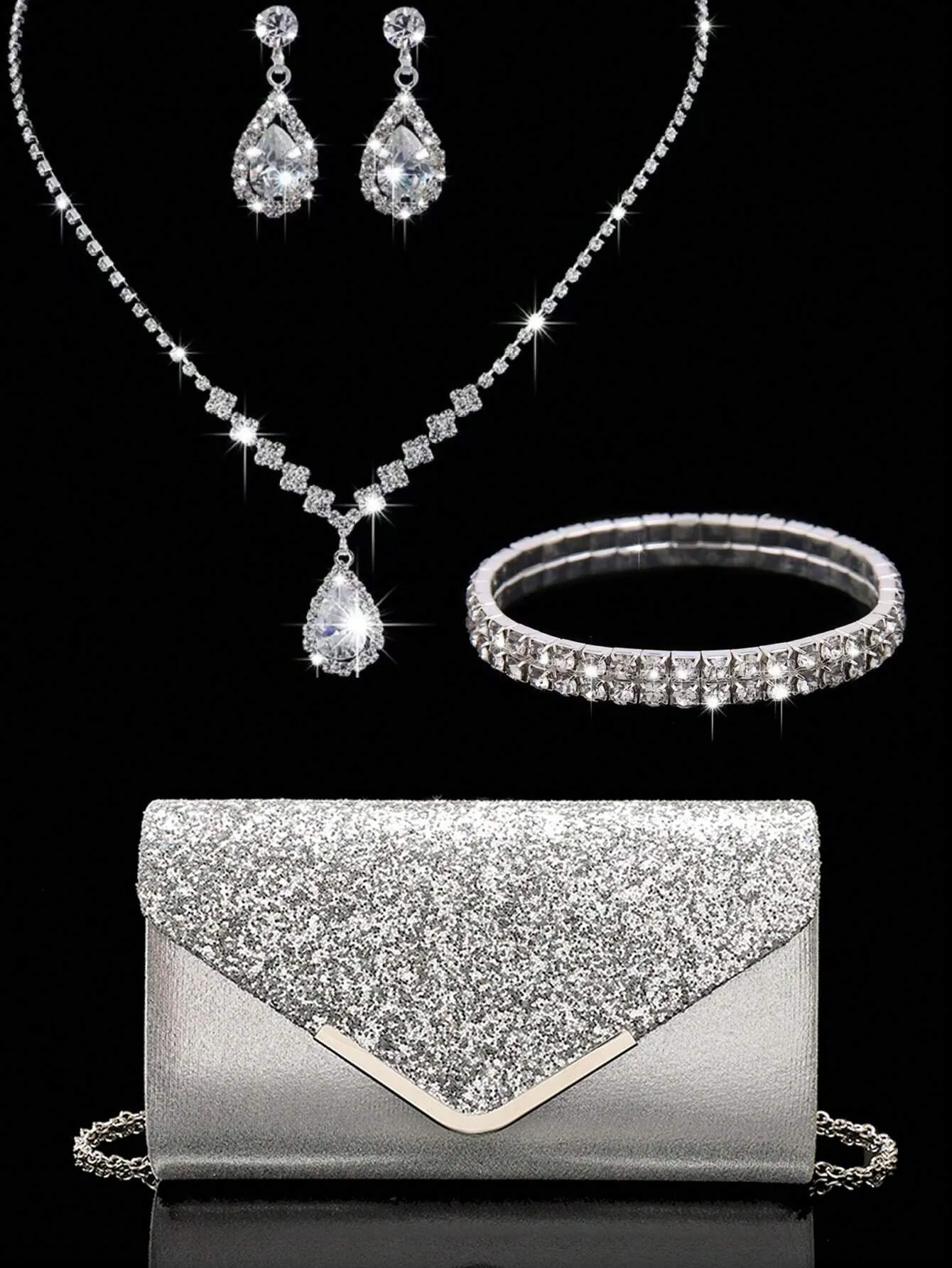 4 Pieces Women Rhinestone Evening Clutch Bag Rhinestone Ear Clip Bridal Wedding Choker Bracelet Dangle Bling Glitter Purse