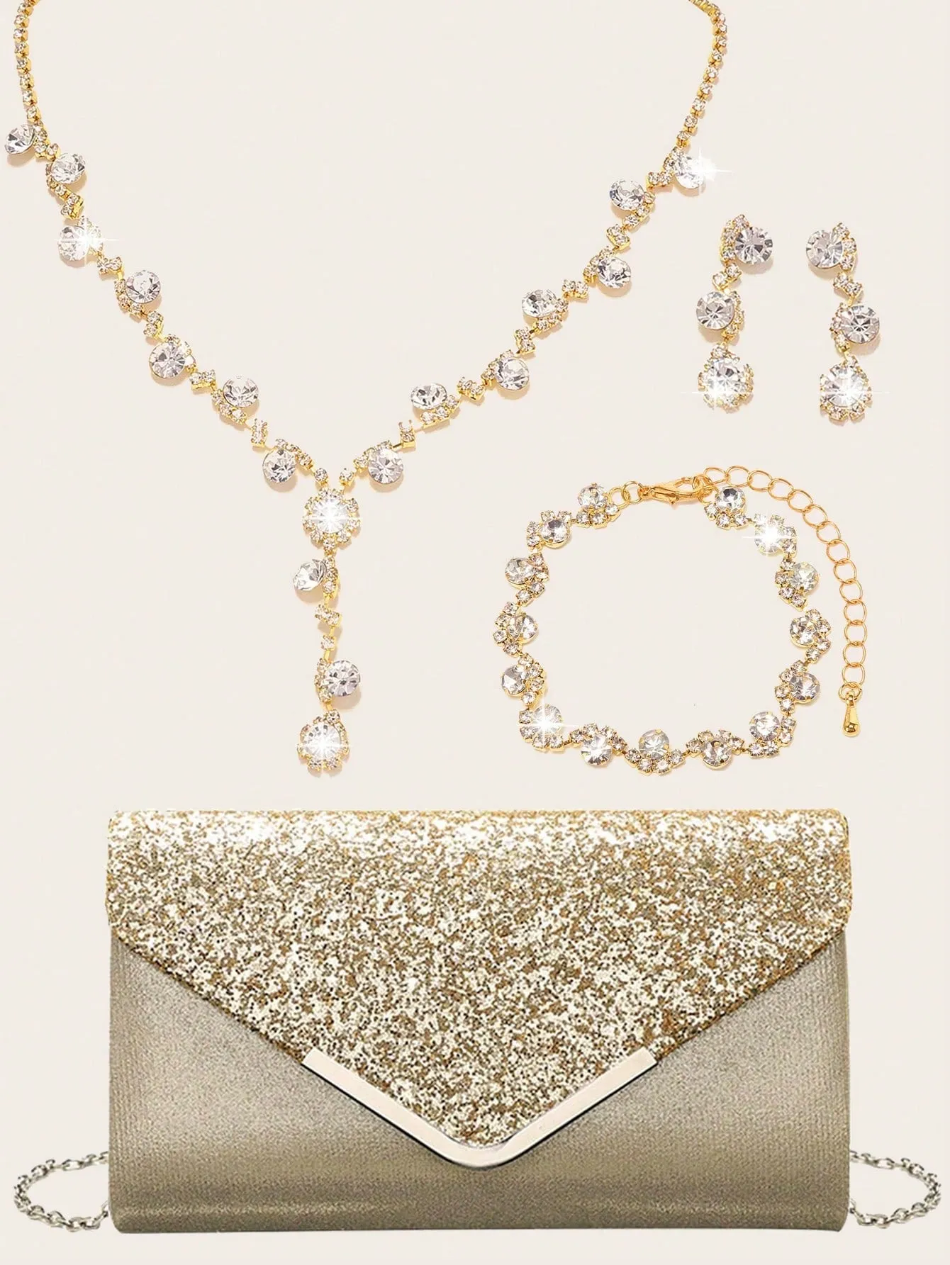 4 Pieces Women Rhinestone Evening Clutch Bag Rhinestone Ear Clip Bridal Wedding Choker Bracelet Dangle Bling Glitter Purse