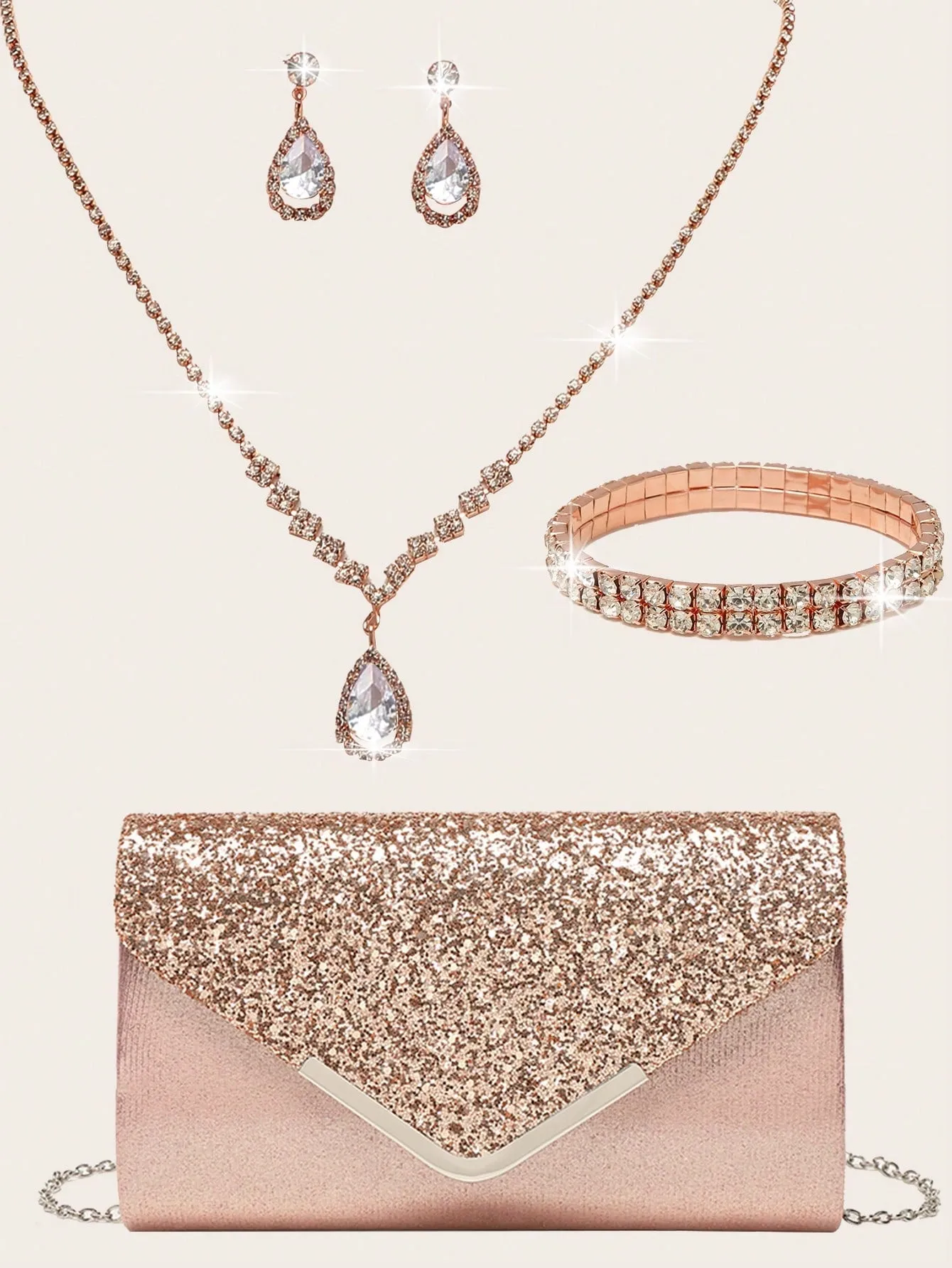 4 Pieces Women Rhinestone Evening Clutch Bag Rhinestone Ear Clip Bridal Wedding Choker Bracelet Dangle Bling Glitter Purse