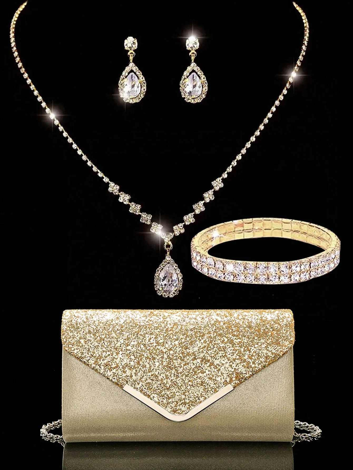 4 Pieces Women Rhinestone Evening Clutch Bag Rhinestone Ear Clip Bridal Wedding Choker Bracelet Dangle Bling Glitter Purse