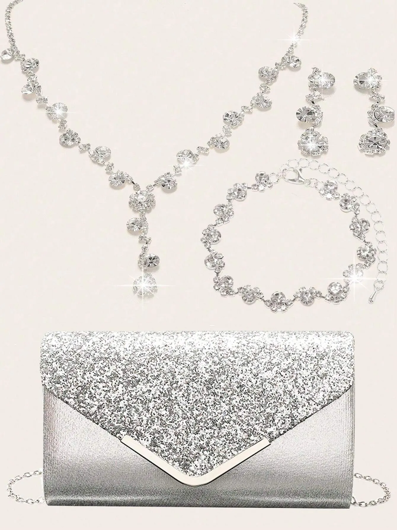 4 Pieces Women Rhinestone Evening Clutch Bag Rhinestone Ear Clip Bridal Wedding Choker Bracelet Dangle Bling Glitter Purse