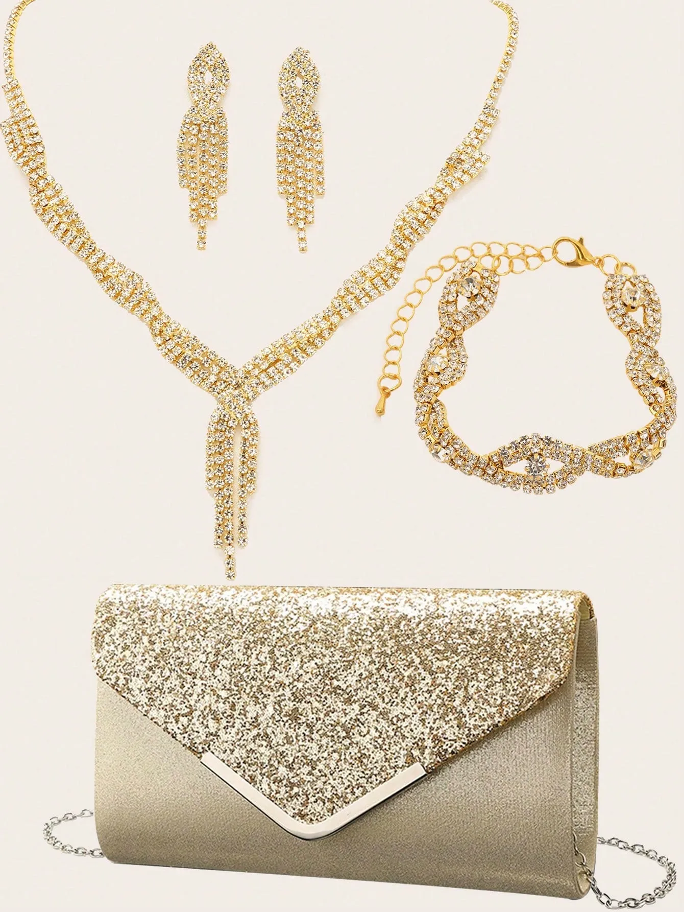 4 Pieces Women Rhinestone Evening Clutch Bag Rhinestone Ear Clip Bridal Wedding Choker Bracelet Dangle Bling Glitter Purse