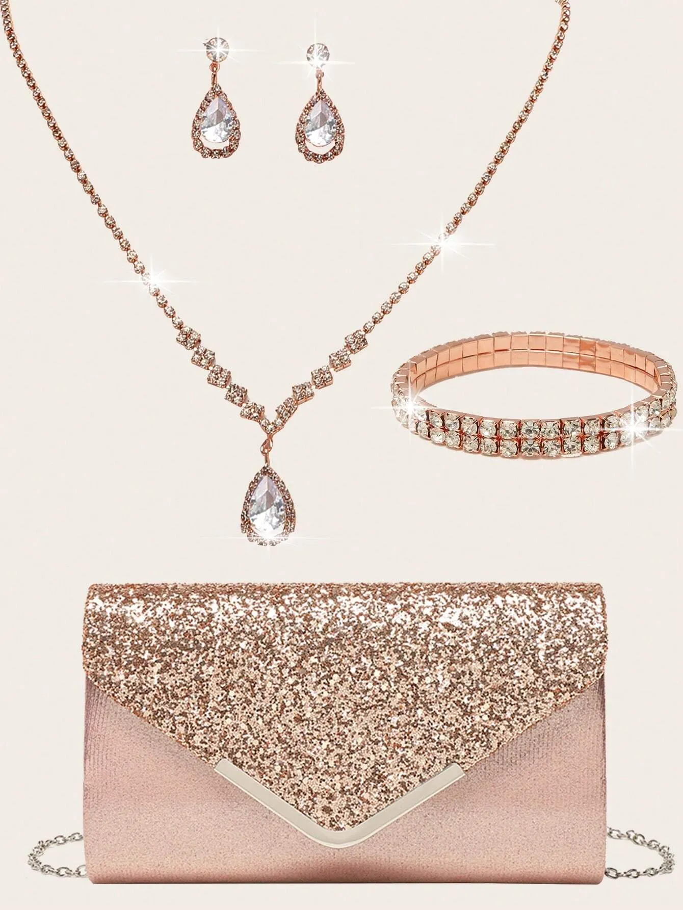 4 Pieces Women Rhinestone Evening Clutch Bag Rhinestone Ear Clip Bridal Wedding Choker Bracelet Dangle Bling Glitter Purse