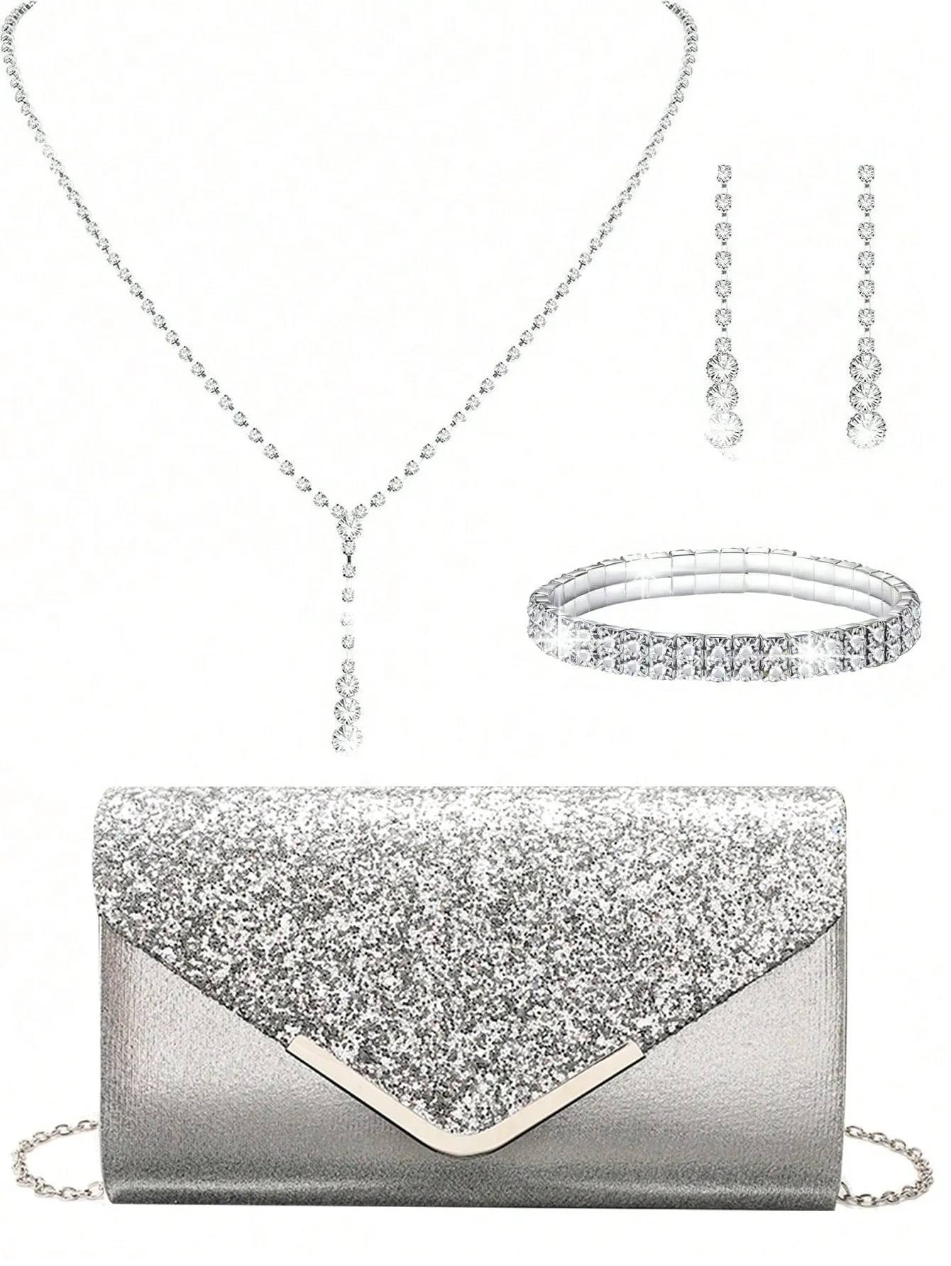 4 Pieces Women Rhinestone Evening Clutch Bag Rhinestone Ear Clip Bridal Wedding Choker Bracelet Dangle Bling Glitter Purse