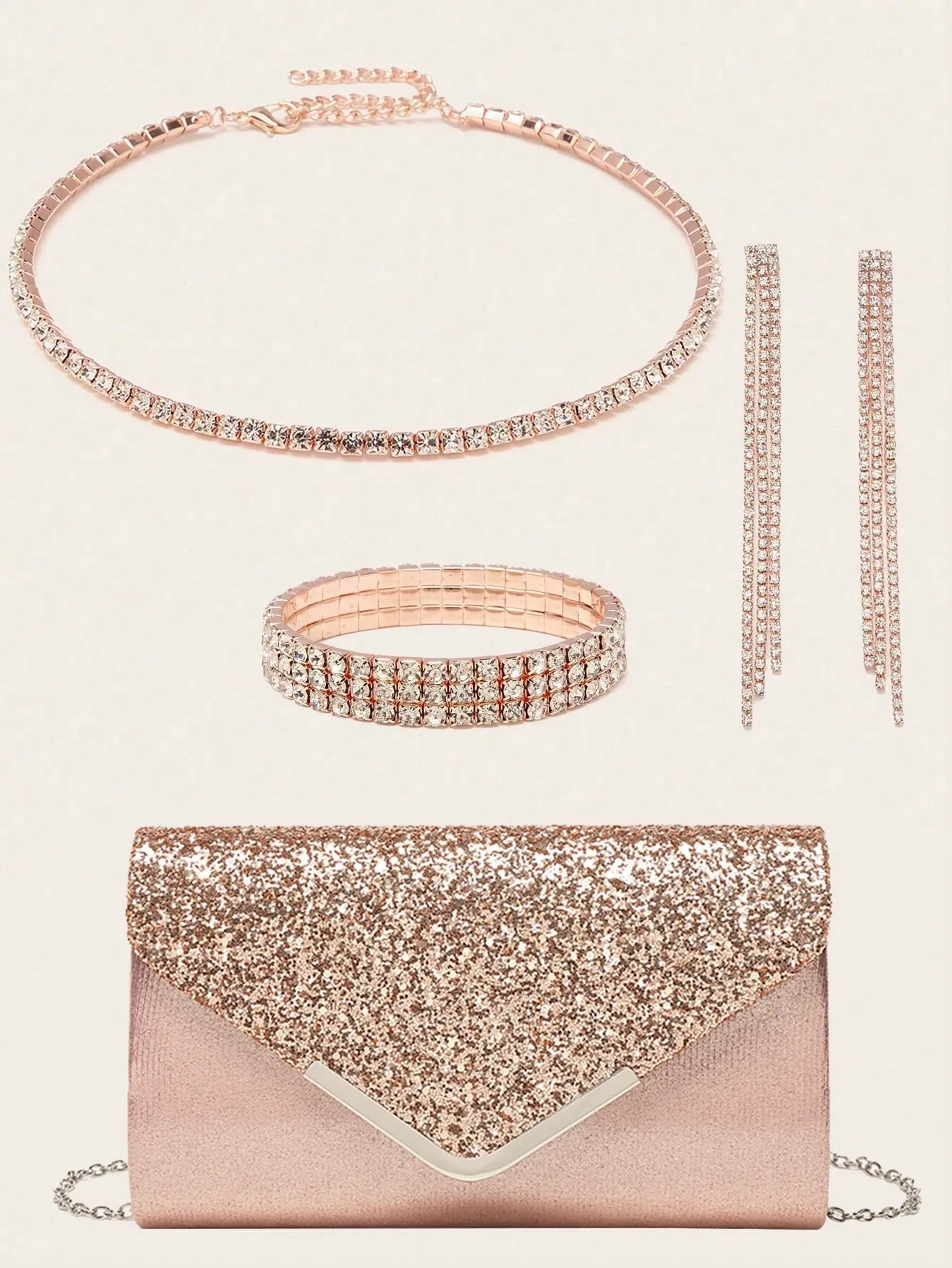 4 Pieces Women Rhinestone Evening Clutch Bag Rhinestone Ear Clip Bridal Wedding Choker Bracelet Dangle Bling Glitter Purse