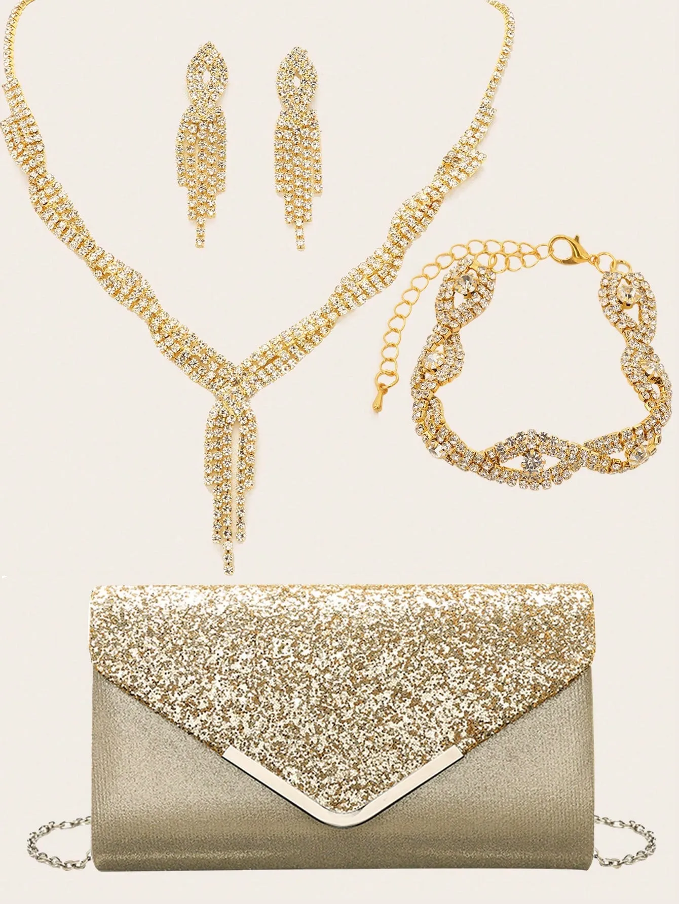 4 Pieces Women Rhinestone Evening Clutch Bag Rhinestone Ear Clip Bridal Wedding Choker Bracelet Dangle Bling Glitter Purse
