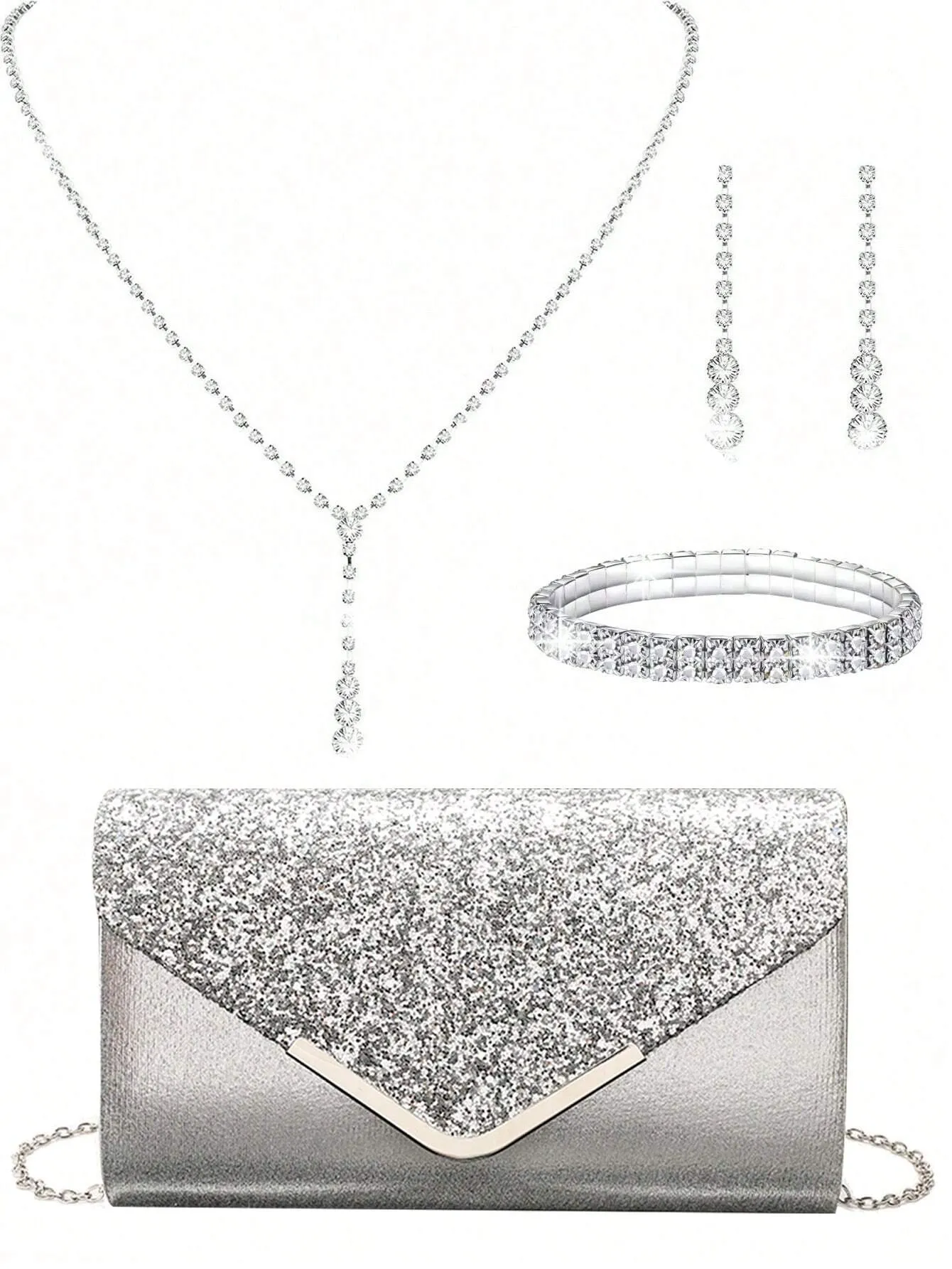 4 Pieces Women Rhinestone Evening Clutch Bag Rhinestone Ear Clip Bridal Wedding Choker Bracelet Dangle Bling Glitter Purse