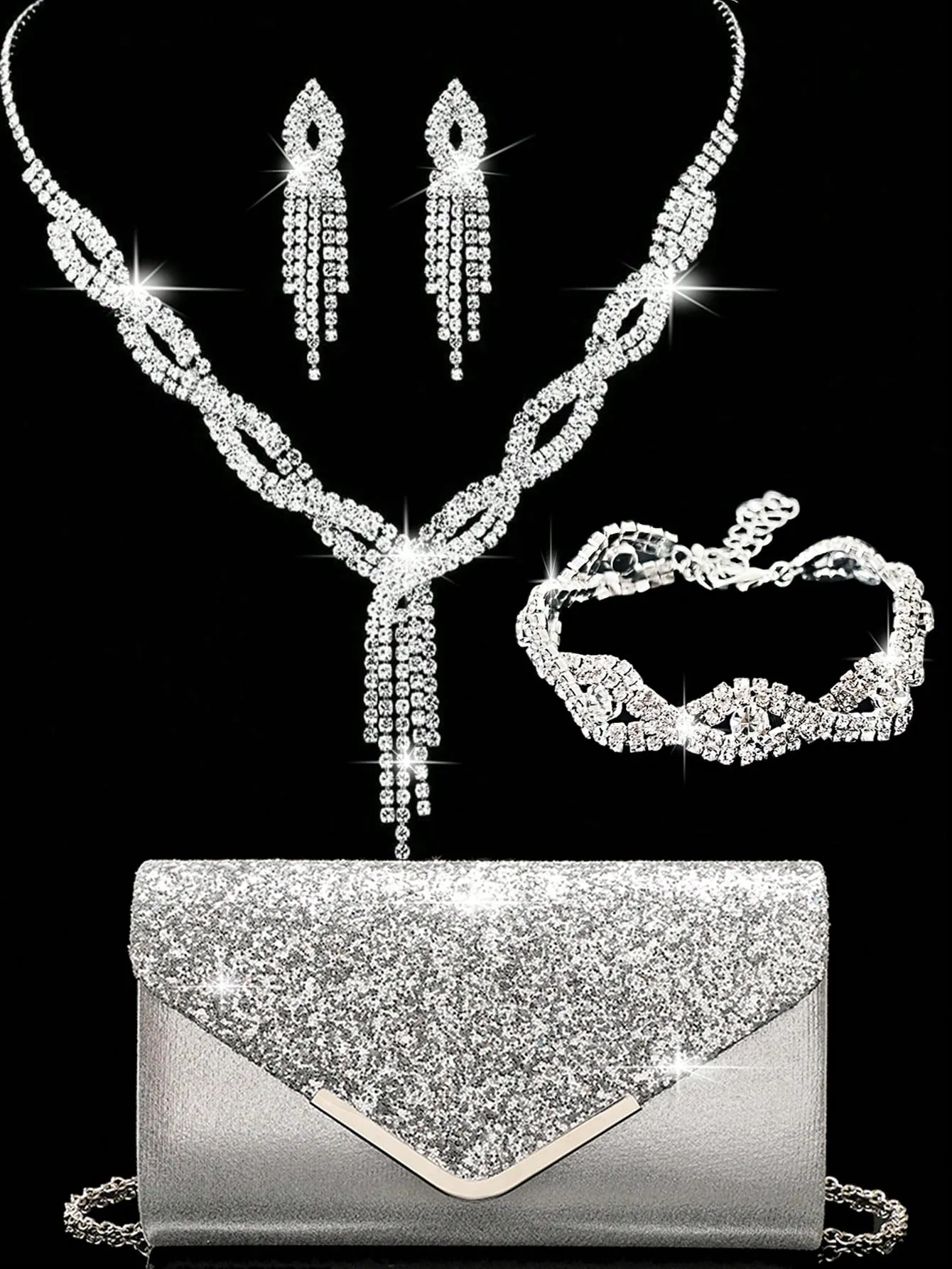 4 Pieces Women Rhinestone Evening Clutch Bag Rhinestone Ear Clip Bridal Wedding Choker Bracelet Dangle Bling Glitter Purse