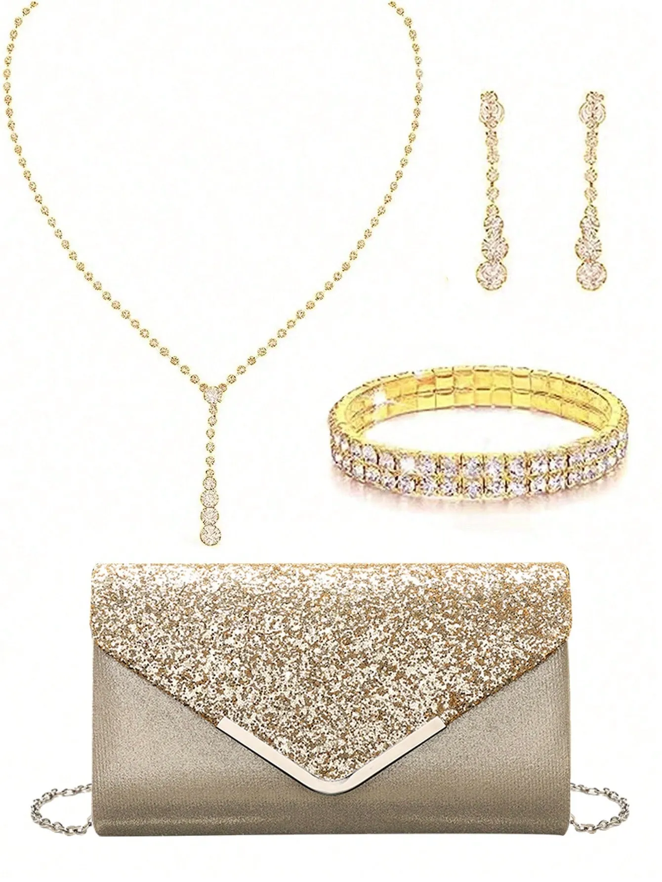 4 Pieces Women Rhinestone Evening Clutch Bag Rhinestone Ear Clip Bridal Wedding Choker Bracelet Dangle Bling Glitter Purse