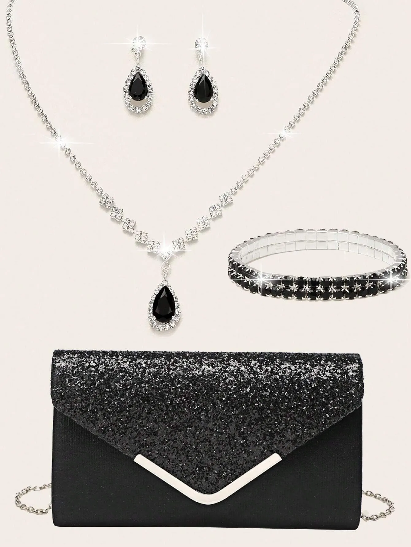4 Pieces Women Rhinestone Evening Clutch Bag Rhinestone Ear Clip Bridal Wedding Choker Bracelet Dangle Bling Glitter Purse