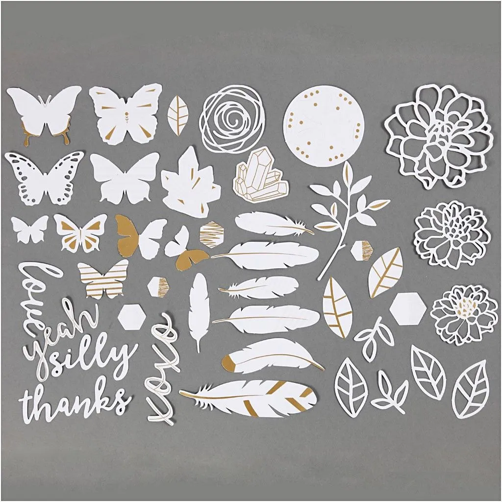44 x Gold Motifs White Lacquer Watercolour Paper Cut Out Labels Scrapbooking