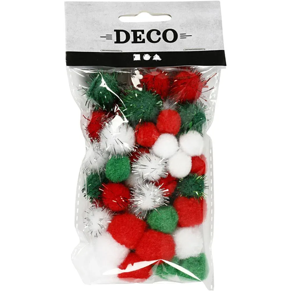 48 x Spherical Mixed Pompoms Green White Red Assorted Size Christmas Deco Crafts