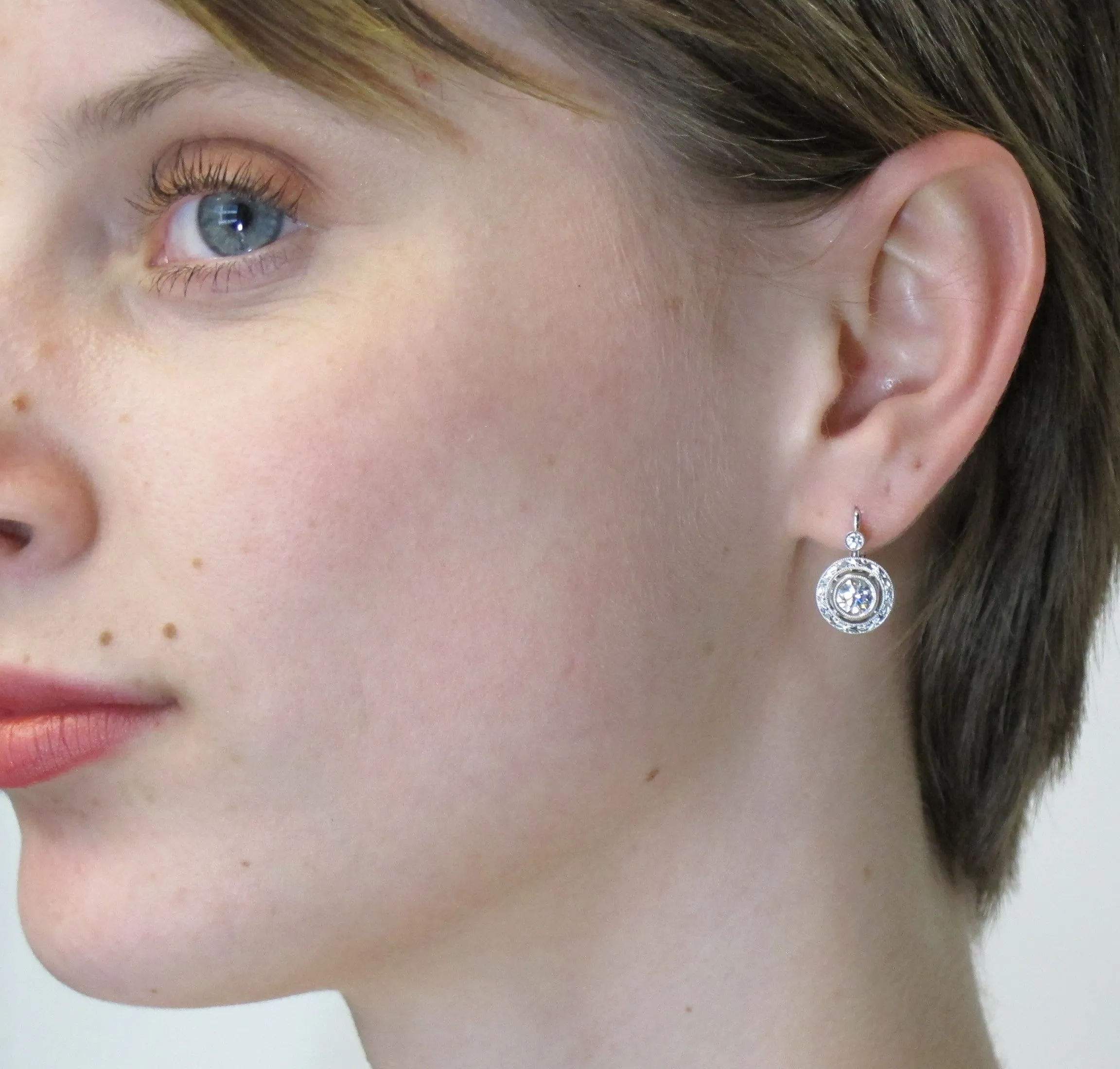 .56 Carat Total Diamond, White Gold Lever Back Round Engraved Drop Earrings