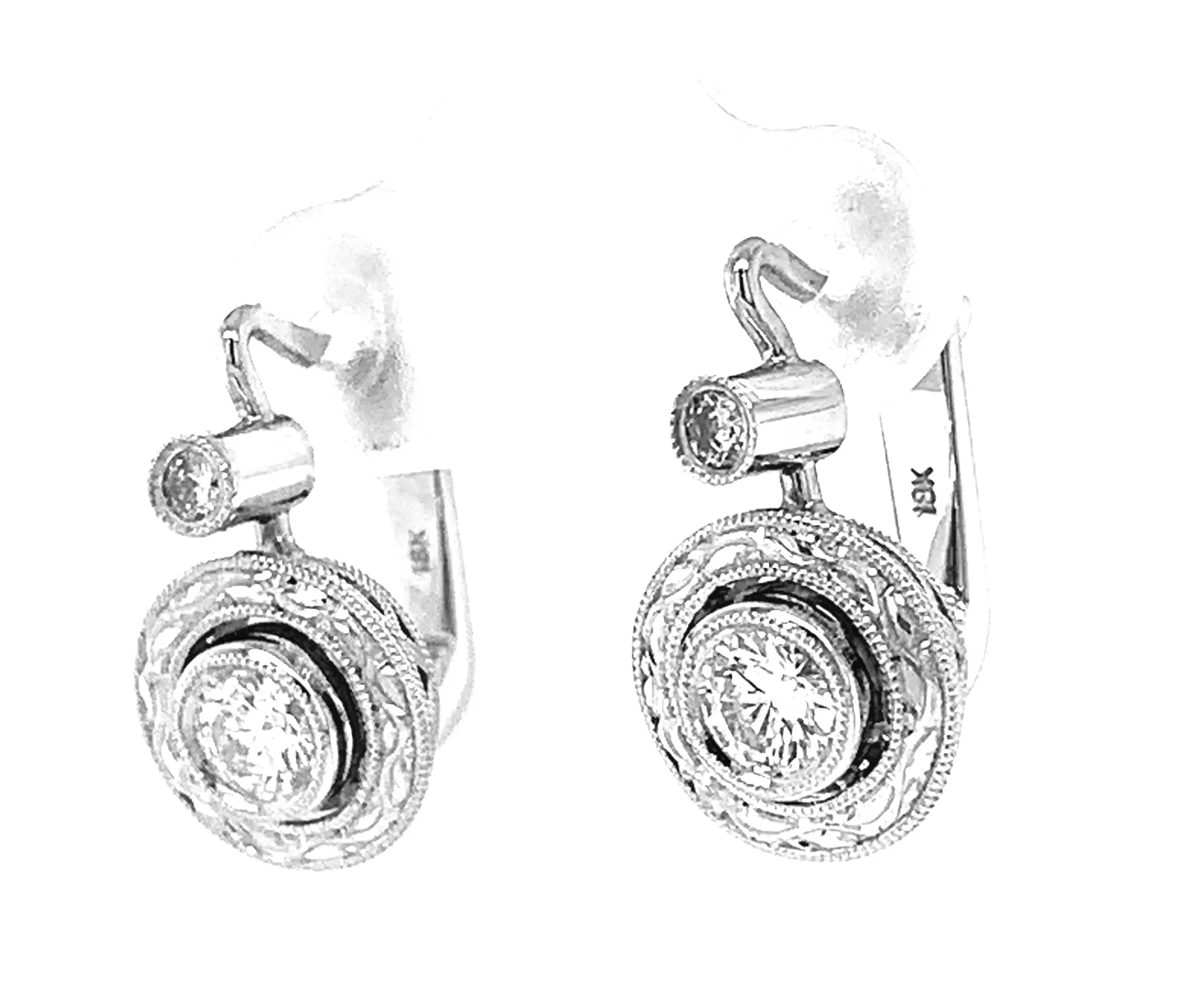 .56 Carat Total Diamond, White Gold Lever Back Round Engraved Drop Earrings