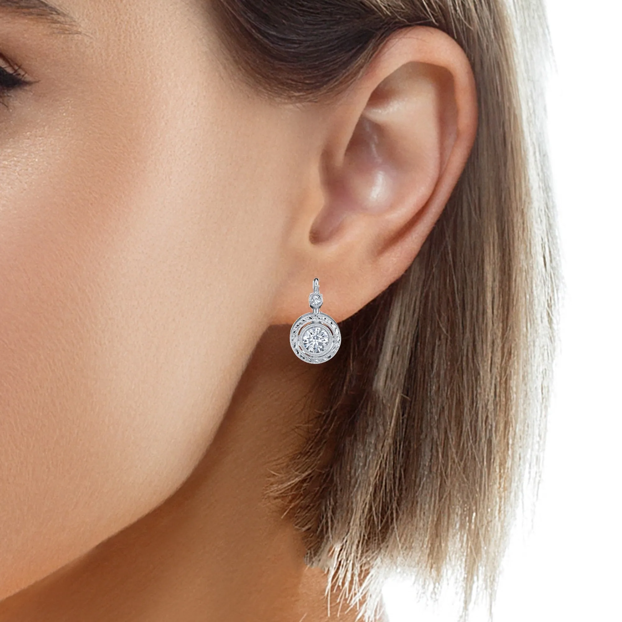 .56 Carat Total Diamond, White Gold Lever Back Round Engraved Drop Earrings