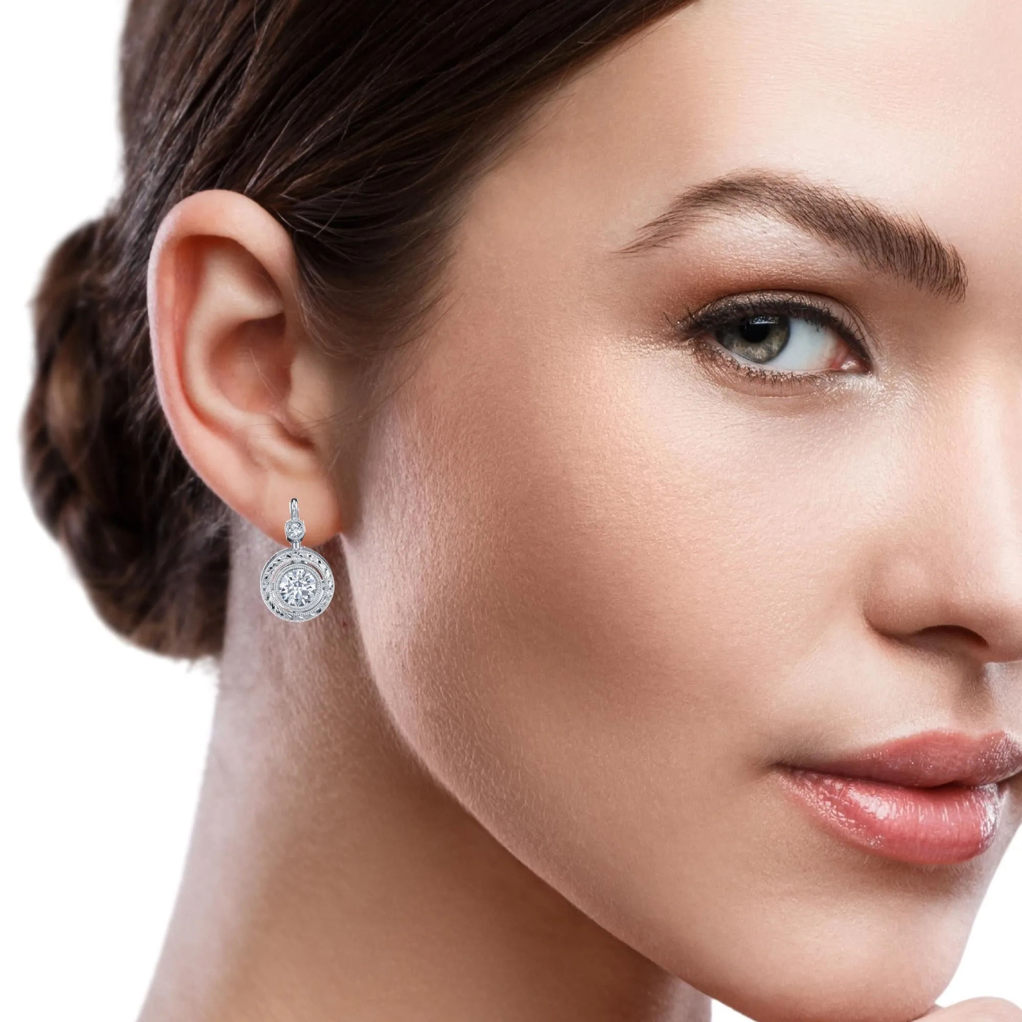 .56 Carat Total Diamond, White Gold Lever Back Round Engraved Drop Earrings