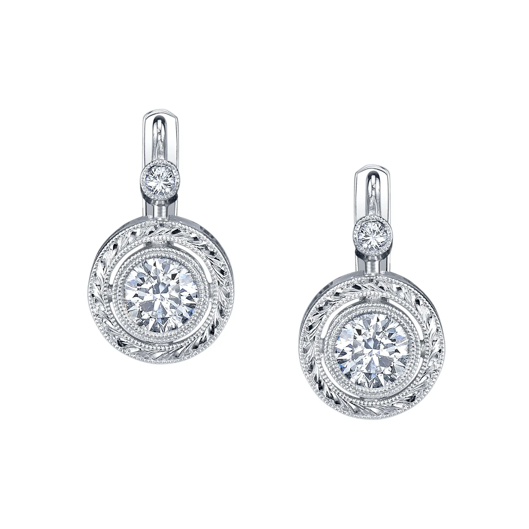.56 Carat Total Diamond, White Gold Lever Back Round Engraved Drop Earrings