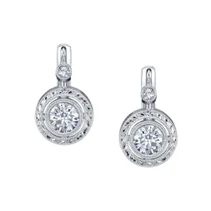 .56 Carat Total Diamond, White Gold Lever Back Round Engraved Drop Earrings