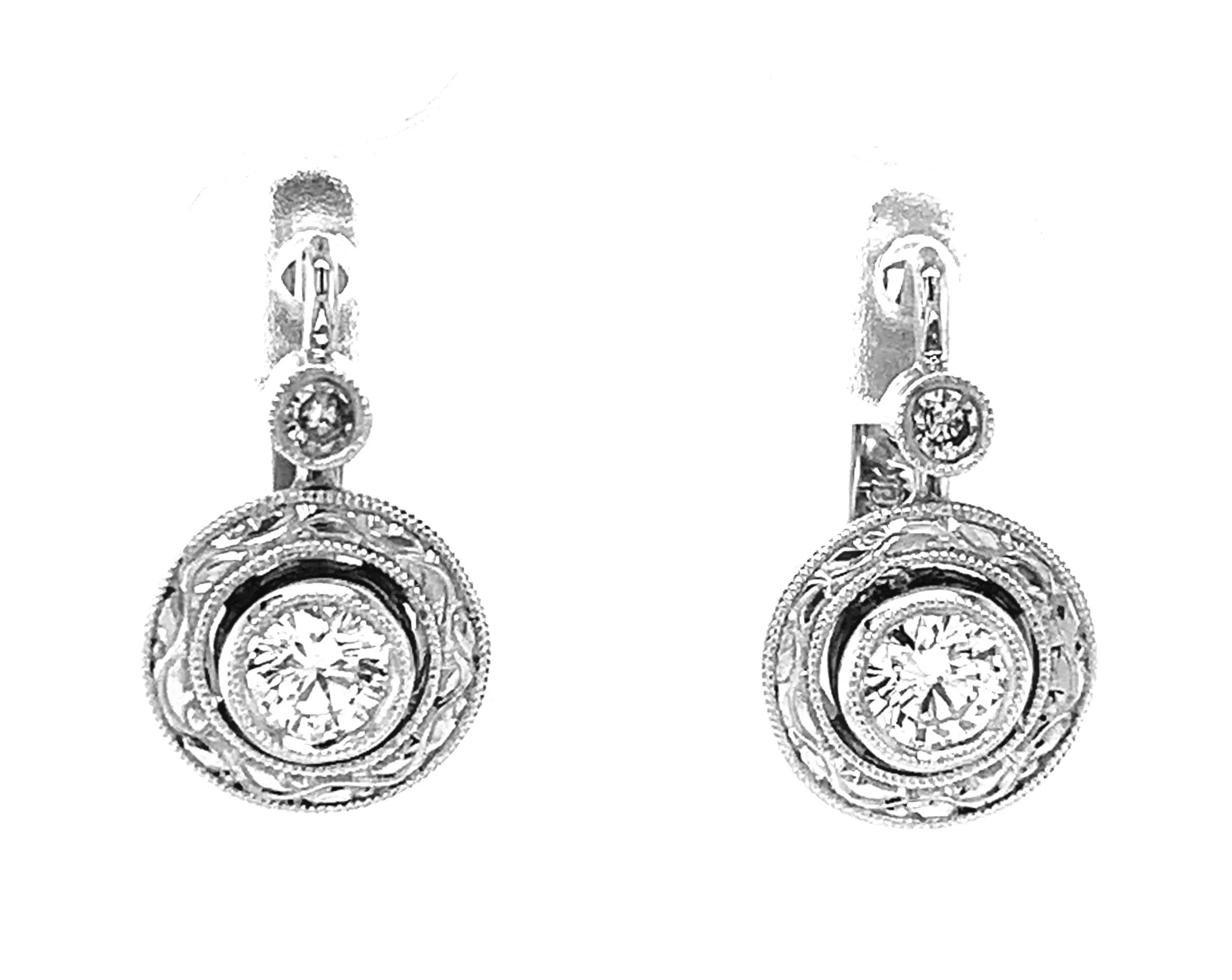 .56 Carat Total Diamond, White Gold Lever Back Round Engraved Drop Earrings