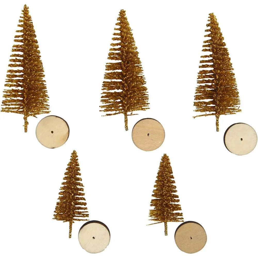 5x Christmas Golden Spruce Trees Cute Miniature Models Figures 4 6 cm