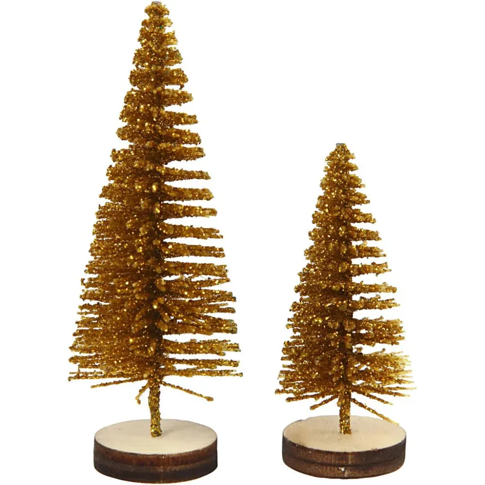 5x Christmas Golden Spruce Trees Cute Miniature Models Figures 4 6 cm