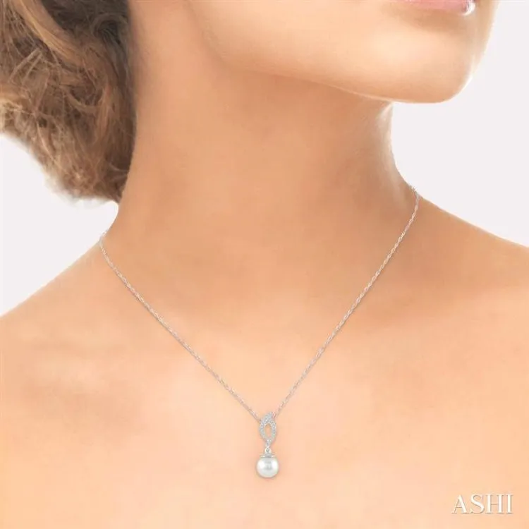 7x7 MM Round Cut Cultured Pearl and 1/20 ctw Round Cut Diamond Pendant in 10K White Gold with Chain